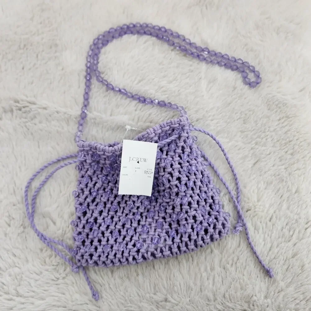 J.Crew Purple Knitted Crochet Pouch Bag Beaded Strap Drawstring - New BY236
